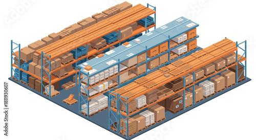 Isometric warehouse organized shelving and storage solutions for efficient logistics