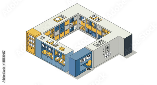 Modern office workspace with isometric shelving and desk arrangement