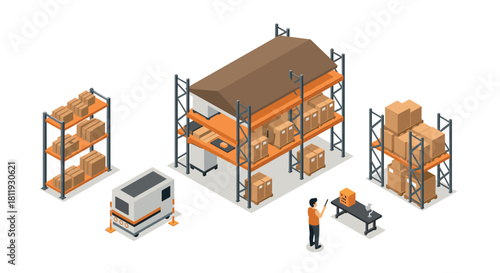 Isometric warehouse automation with robot and storage shelves