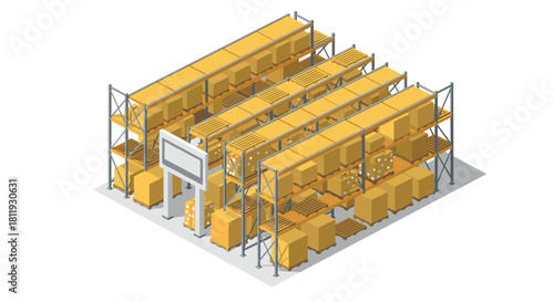 Warehouse storage with isometric shelving and boxes