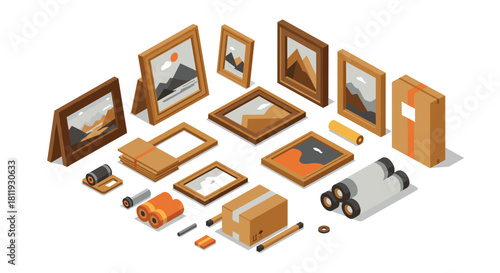 Isometric art display set featuring landscape frames and packaging elements