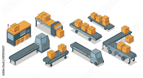 Isometric conveyor belt system with cardboard boxes for logistic and manufacturing