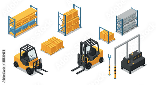 Isometric warehouse and logistics set with forklifts and storage racks