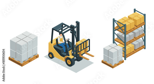 Isometric warehouse logistics forklift with pallets and shelving