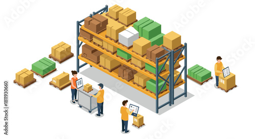 Efficient warehouse logistics with workers and shelving in isometric style