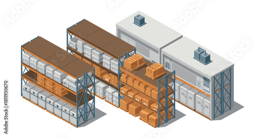 Isometric warehouse storage shelves with boxes and containers
