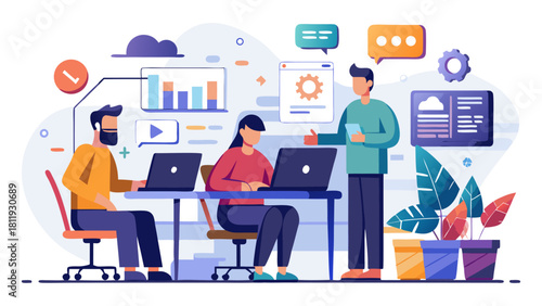 Team collaboration and digital strategy development in modern office environment