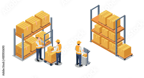 Isometric warehouse workers organizing shelves with boxes and cart