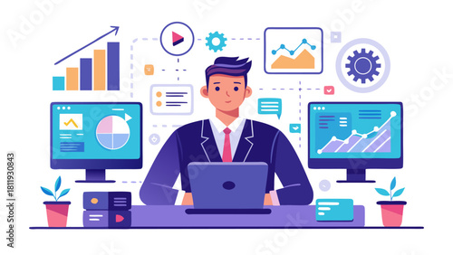 Business analyst working with data and charts on computer screens