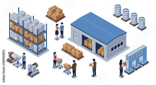 Isometric warehouse scene with workers and logistics activities