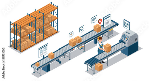 Automated warehouse conveyor system with worker and shelving in isometric style