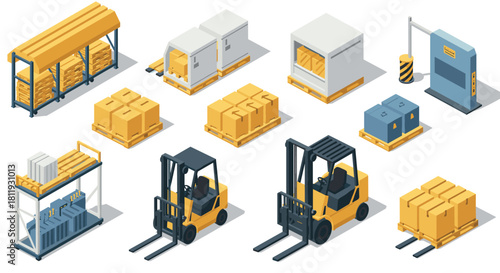 Isometric warehouse and logistics equipment set for distribution and storage