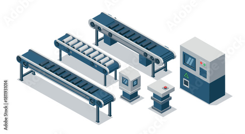 Isometric factory conveyor system with control panel and equipment