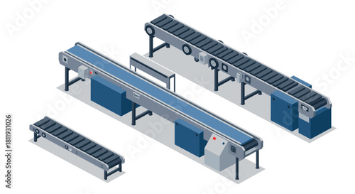Industrial conveyor belts in isometric style for modern manufacturing and automation
