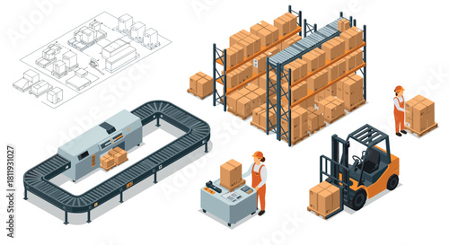 Modern warehouse operation with conveyor belt and forklift in isometric design