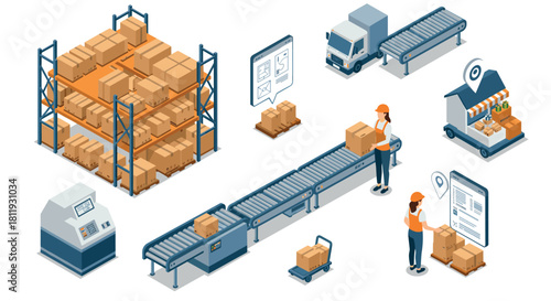 Isometric warehouse logistics and delivery process with automated systems and shipping boxes