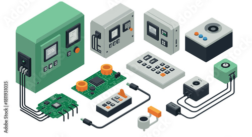 Isometric industrial control components and circuit boards in detailed 3d design