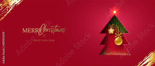 A festive banner with the words Merry Christmas! and Happy New Year! and a decorated Christmas tree with ornaments. Illustrations for greeting cards, website banners, and social media. Vector.