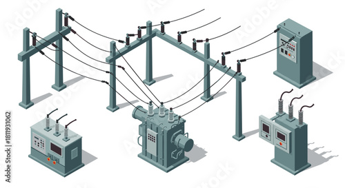 Isometric power station with electrical equipment and transformer elements