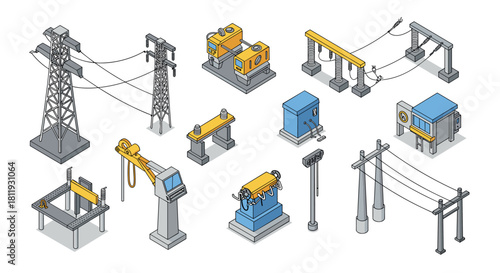 Isometric power infrastructure: electrical towers, generators, and equipment