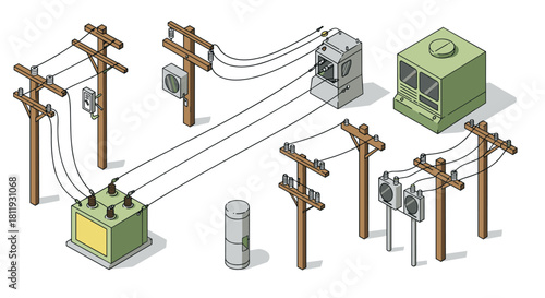 Isometric power grid system with transformers and utility poles