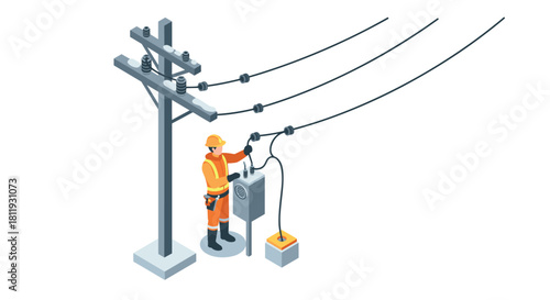 Isometric worker repairing electrical power line outdoors for utility maintenance