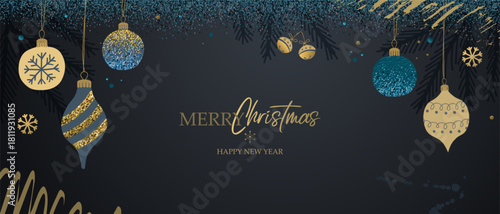 Christmas card, banner, poster, cover. Modern Christmas design with hand-drawn trees, baubles, and decorations. Snowflakes, snow, brush strokes, texture Sophisticated dark background Vector