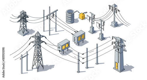 Isometric power grid infrastructure with transmission towers and electrical equipment