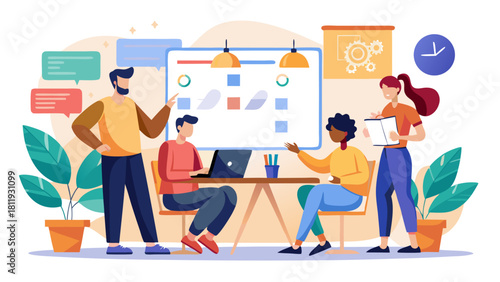 Diverse team collaborating on a project around a table with a whiteboard