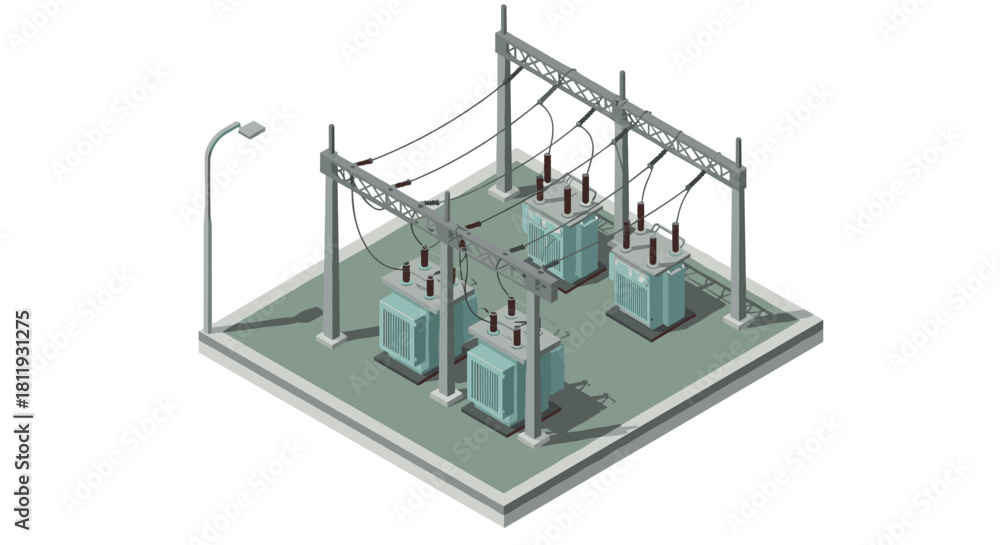 Fototapeta premium Isometric power substation with transformers and electrical infrastructure
