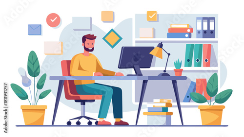 Man working at a desk with computer and plants in a modern office