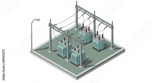 Isometric power substation with transformers and electrical infrastructure