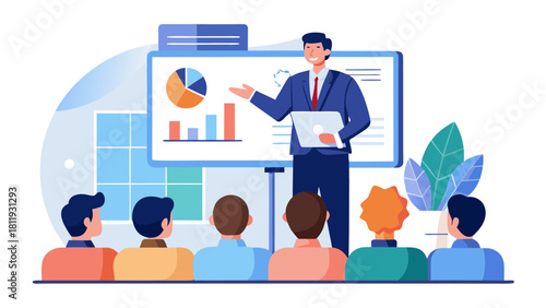Business presentation with charts and audience