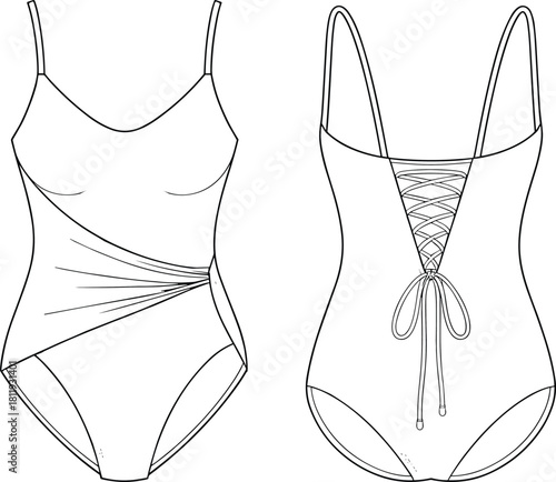 Elegant one-piece swimsuit flat sketch with front draped detail and back lace-up design, fashion technical drawing for apparel design