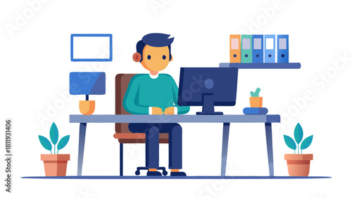 Man working at desk with computer and office supplies