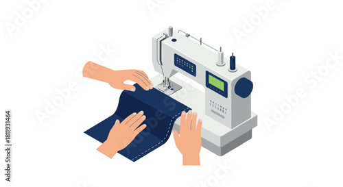 Sewing machine in action: hands crafting fabric with precision in isometric style