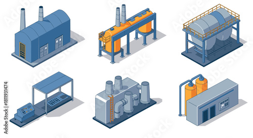 Isometric industrial buildings set: factories, machinery, and storage units for design projects