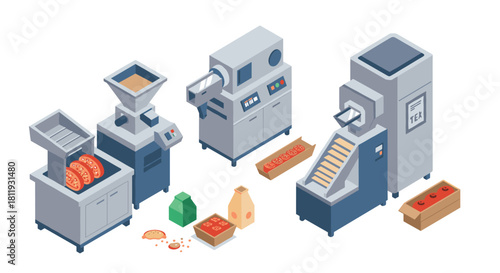 Isometric food processing machines with conveyor and packaging system in factory setting
