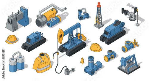 Industrial equipment and machinery set in isometric design for construction and oil industries