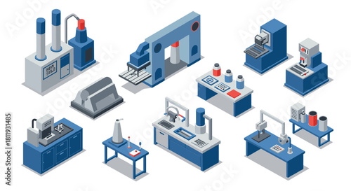 Isometric industrial equipment set featuring high-tech machinery and tools