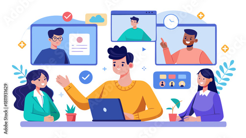 Diverse team collaborating remotely through video conference and online meetings