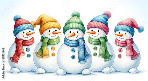 Watercolor snowmen group wearing colorful hats and scarves festive winter holiday illustration