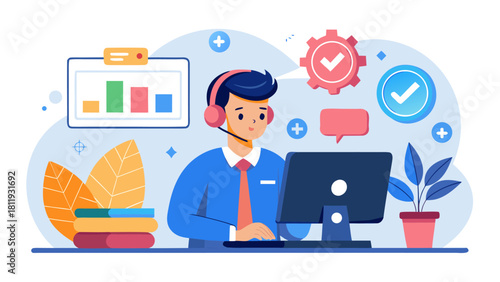 Customer service representative working at a computer with data and support icons