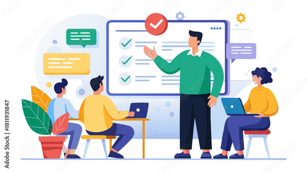 Obraz premium Teacher presenting checklist to students with laptops in a modern classroom setting