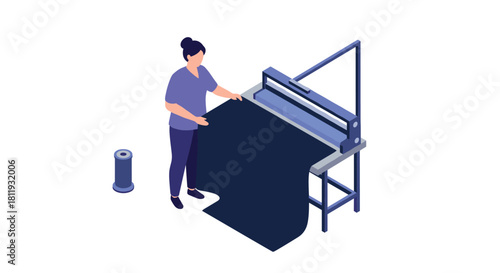 Isometric design of woman operating industrial fabric cutter for textile industry
