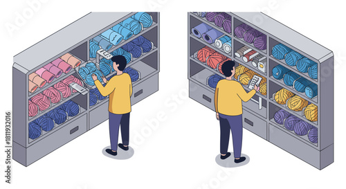 Isometric art of people choosing colorful fabric rolls in store shelves