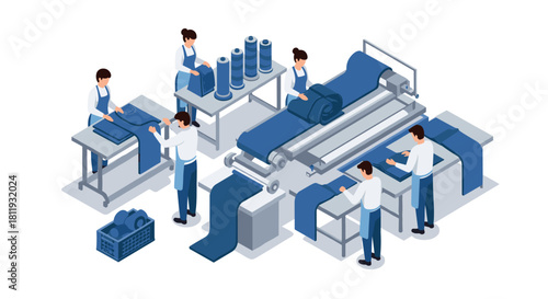 Isometric textile manufacturing scene with workers in factory setting