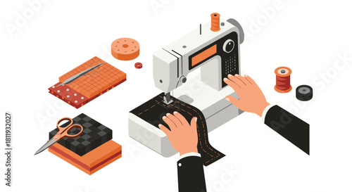 Sewing machine in action with hands crafting fabric in isometric design