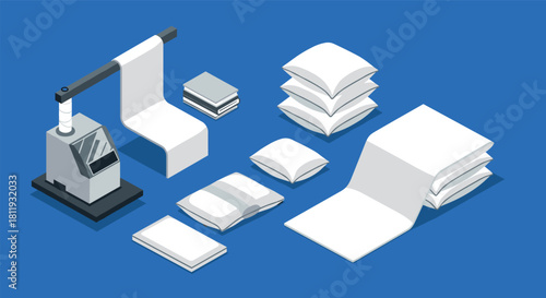 Isometric paper production process with machine and stacks on blue background