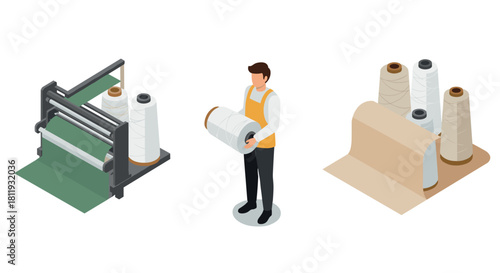 Textile manufacturing process with worker holding yarn in isometric style